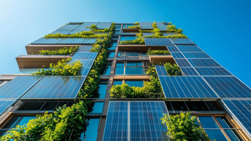 Immeuble avec panneaux solaires et verdure