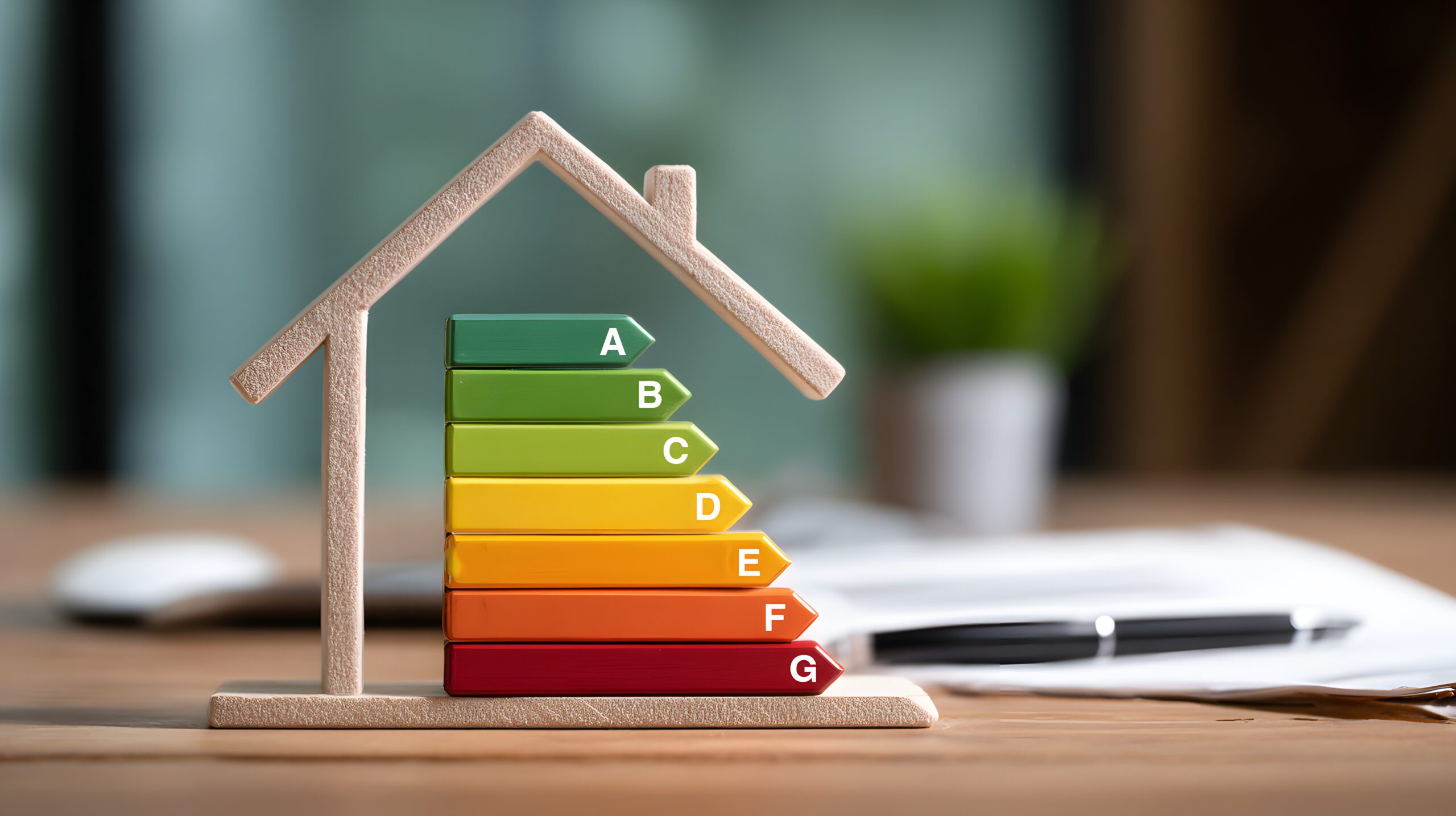 Diagnostic de performance énergétique (DPE) d'une maison sur un bureau moderne avec des documents en arrière-plan